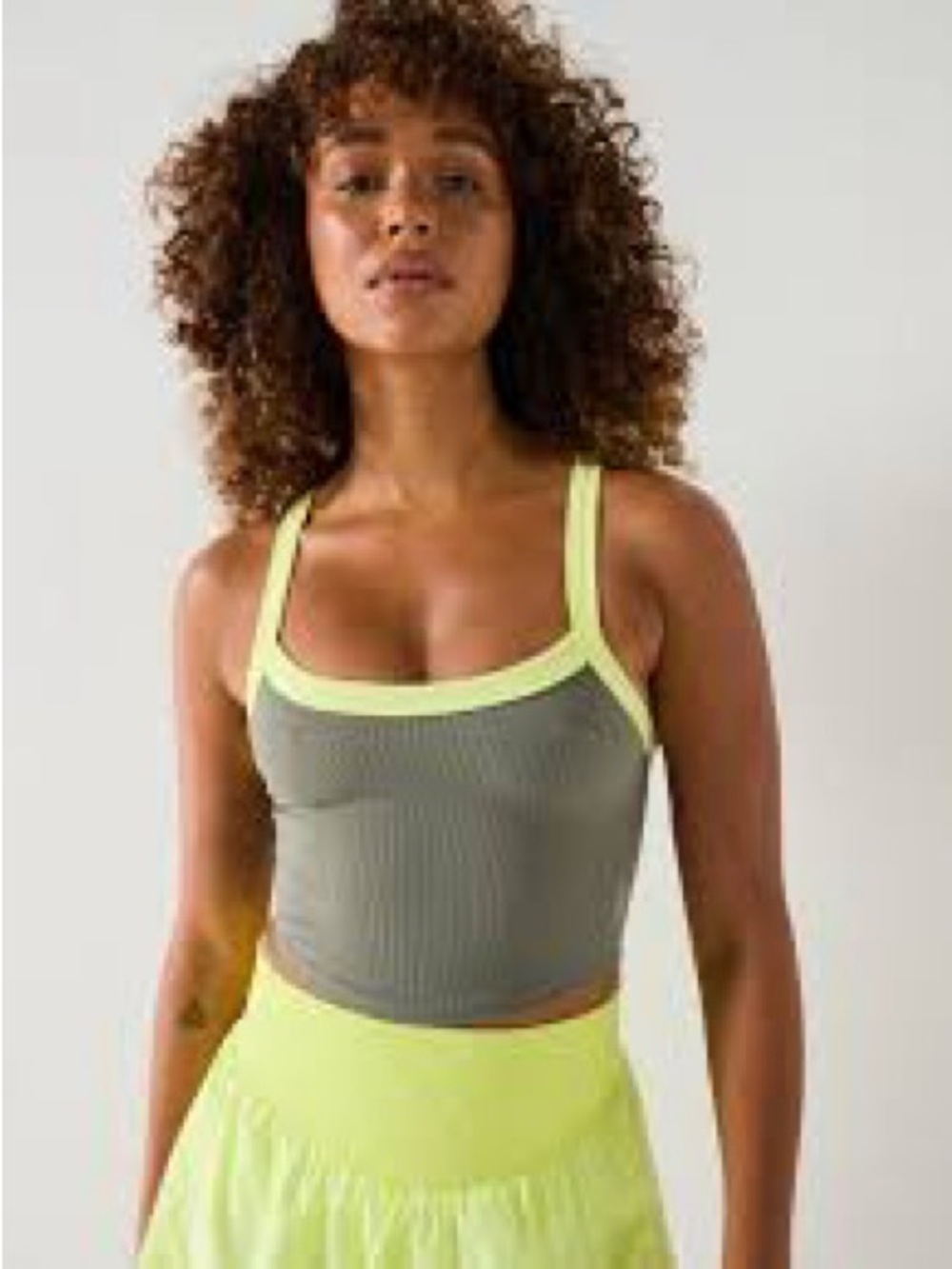 FP Movement by Free People Olive Ribbed Crop Tank with Neon Yellow Trim